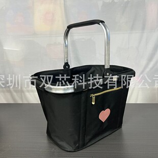 Large Capacity Black Heart-Shaped Shopping Basket, Portable Embroidered Picnic Bag, Durable for Outdoor Camping and Picnics