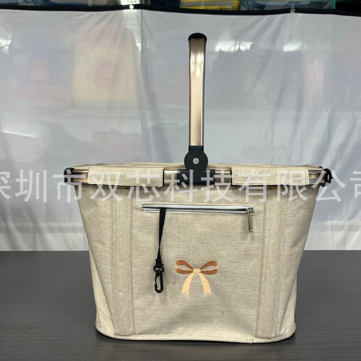 Large Capacity Beige Embroidered Shopping Basket, Bow-Tie Hand-Held Picnic Bag, Outdoor Camping Picnic Shopping Basket