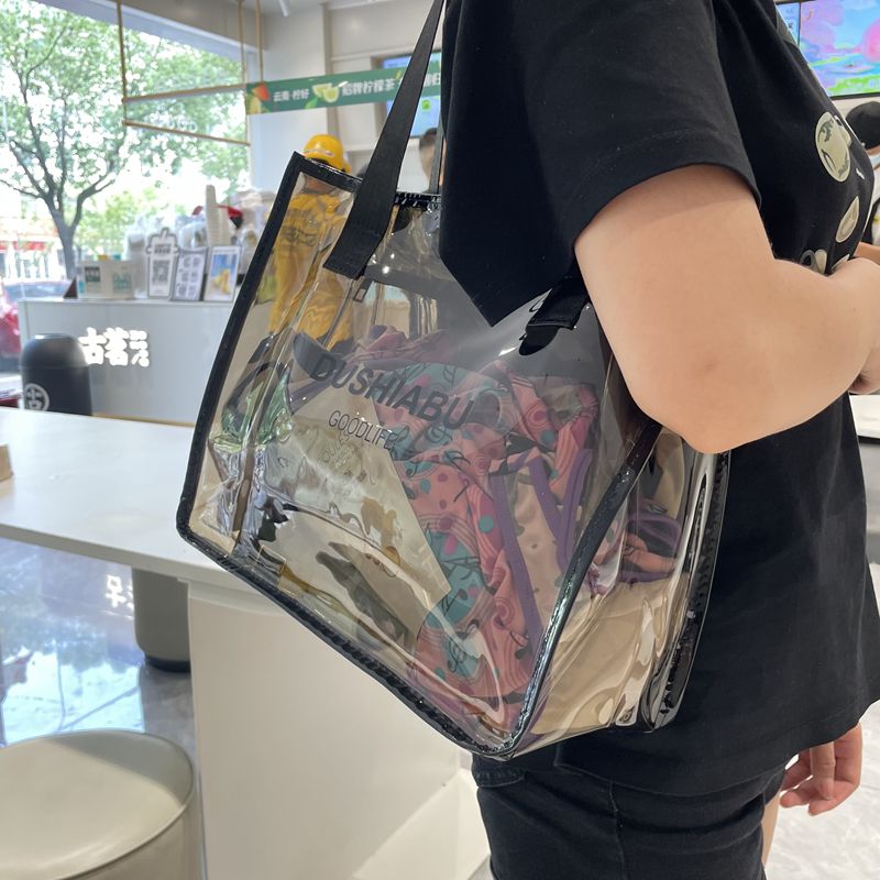 Japanese and Korean Transparent Large Bag Simple Shoulder Waterproof Travel Portable Large Capacity Fitness Bath Commuter Bag Tote Bag