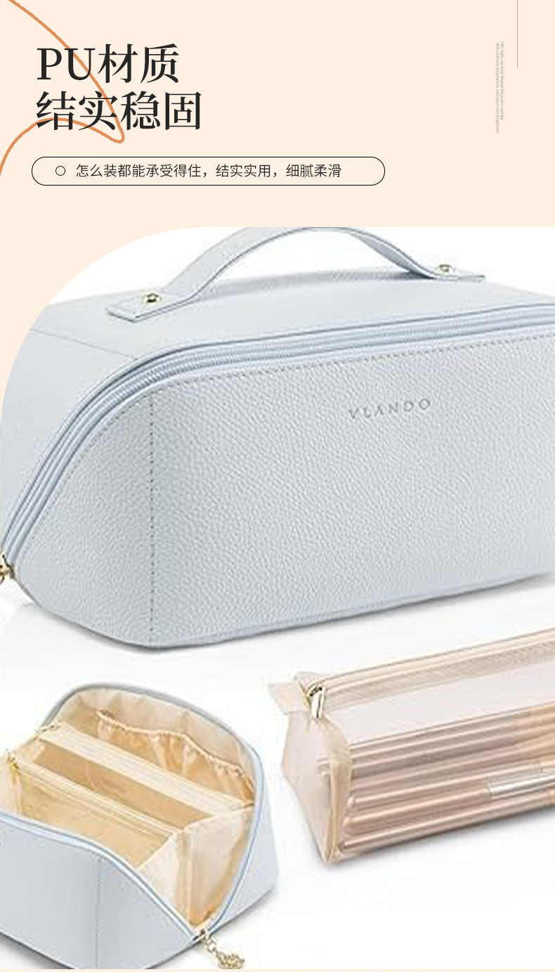 Pu Leather Waterproof Cosmetic Toiletry Bag Large Capacity Travel Portable Open-Style Toiletry Storage Bag