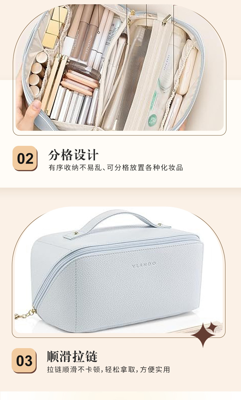 Pu Leather Waterproof Cosmetic Toiletry Bag Large Capacity Travel Portable Open-Style Toiletry Storage Bag