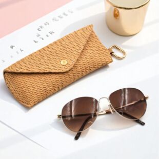 Pastoral Woven Pattern Glasses Case Summer Beach Travel Sunglasses Cosmetics Bag Fashionable Straw Mat Pattern Leather Glasses Bag