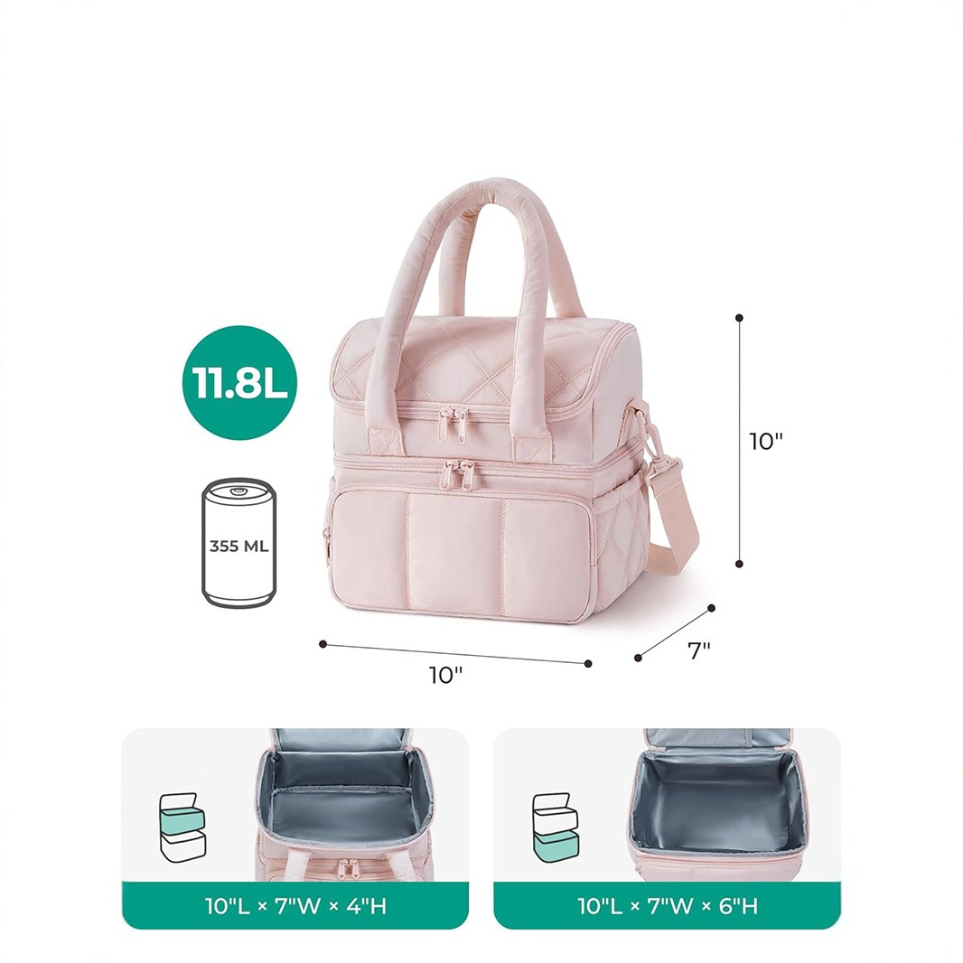 New Style Women's Black Double-Layer Thermal Insulation and Cold Storage down Tote Bag, Leak-Proof and Durable Thermal Bag, Ice Pack Lunch Bag