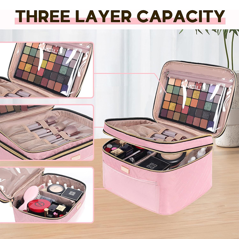 Amazon's New Double-Layer Makeup Bag, Travel Cosmetics and Toiletries Storage Bag, Large Capacity, Portable, Large Capacity