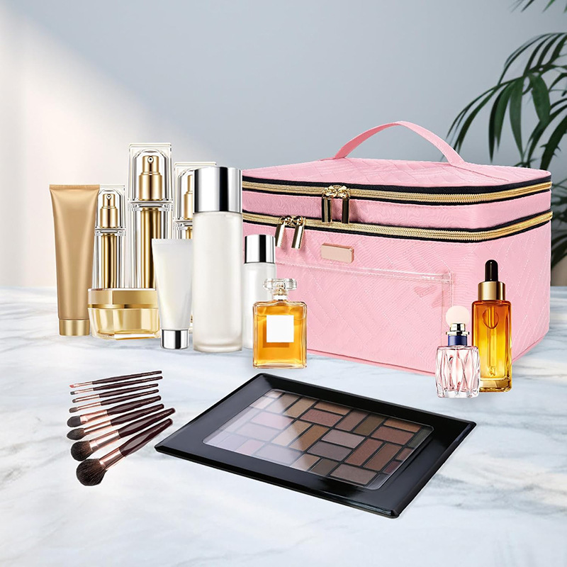 Amazon's New Double-Layer Makeup Bag, Travel Cosmetics and Toiletries Storage Bag, Large Capacity, Portable, Large Capacity