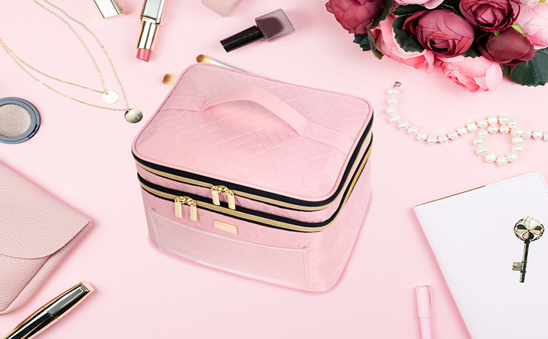 Amazon's New Double-Layer Makeup Bag, Travel Cosmetics and Toiletries Storage Bag, Large Capacity, Portable, Large Capacity