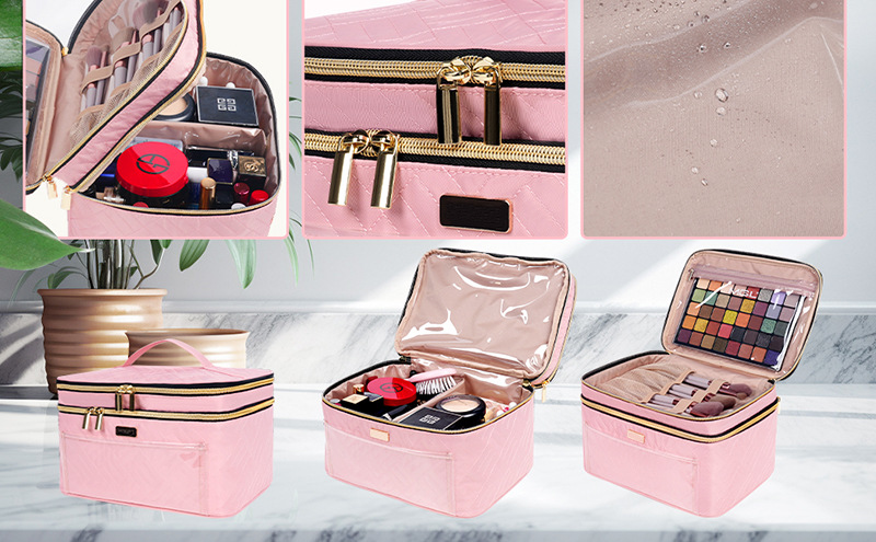 Amazon's New Double-Layer Makeup Bag, Travel Cosmetics and Toiletries Storage Bag, Large Capacity, Portable, Large Capacity