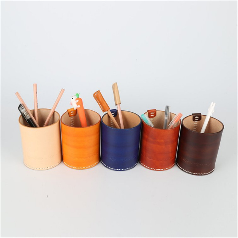 Small Fresh Leather Pen Holder Creative Pu Round Pen Holder Desktop Stationery Storage Pen Holder Business Gift