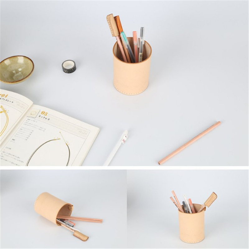 Small Fresh Leather Pen Holder Creative Pu Round Pen Holder Desktop Stationery Storage Pen Holder Business Gift