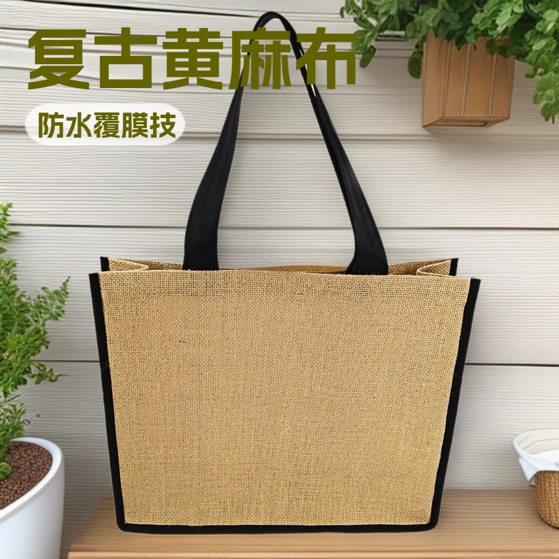 Linen Bag Customized Retro Jute Fabric Handbag Hand-Held Purchase Printed Logo Waterproof Laminated Linen Bag
