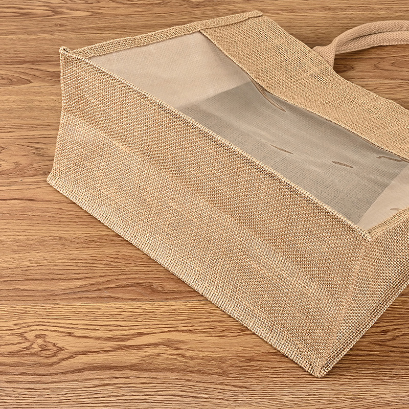 Pvc Window Linen Bag Custom Logo Environmentally Friendly Jute Linen Shopping Transparent Gift Handbag Tote Bag