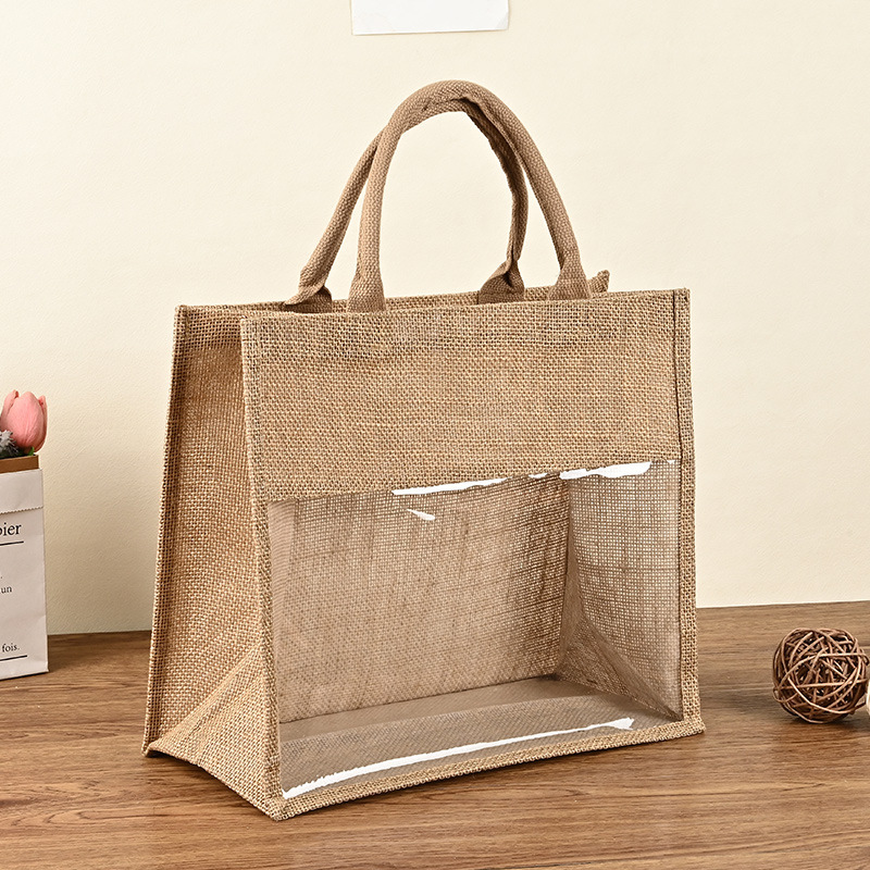 Pvc Window Linen Bag Custom Logo Environmentally Friendly Jute Linen Shopping Transparent Gift Handbag Tote Bag