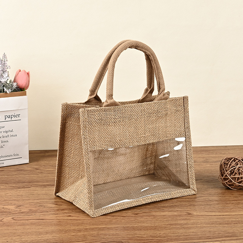 Pvc Window Linen Bag Custom Logo Environmentally Friendly Jute Linen Shopping Transparent Gift Handbag Tote Bag