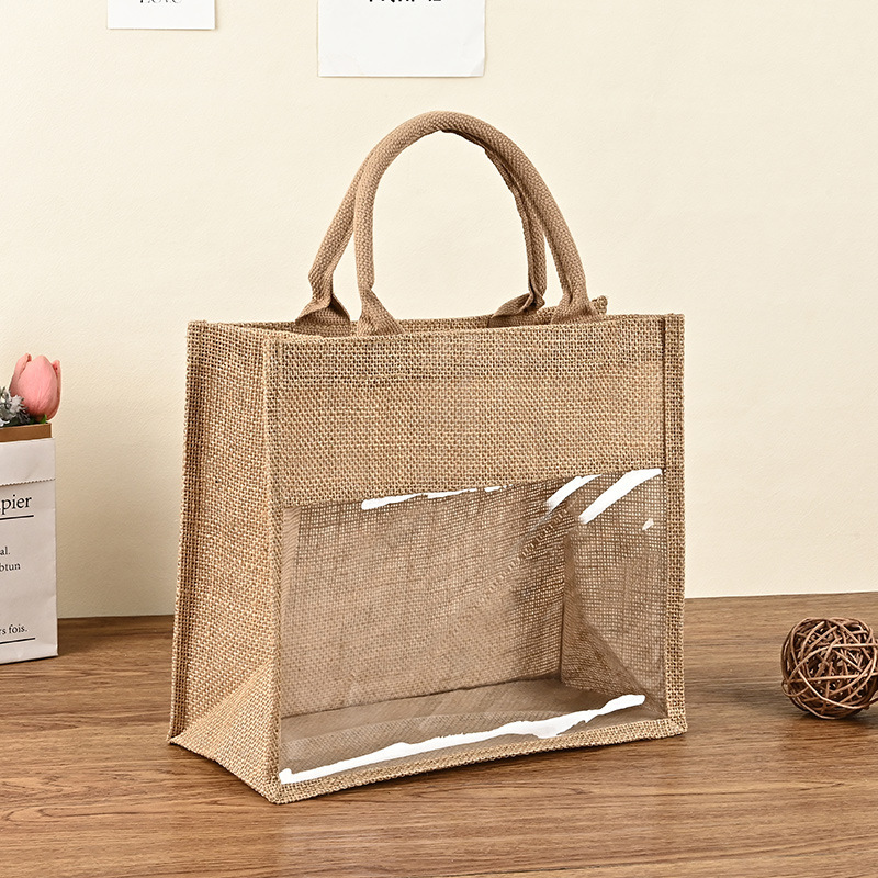 Pvc Window Linen Bag Custom Logo Environmentally Friendly Jute Linen Shopping Transparent Gift Handbag Tote Bag