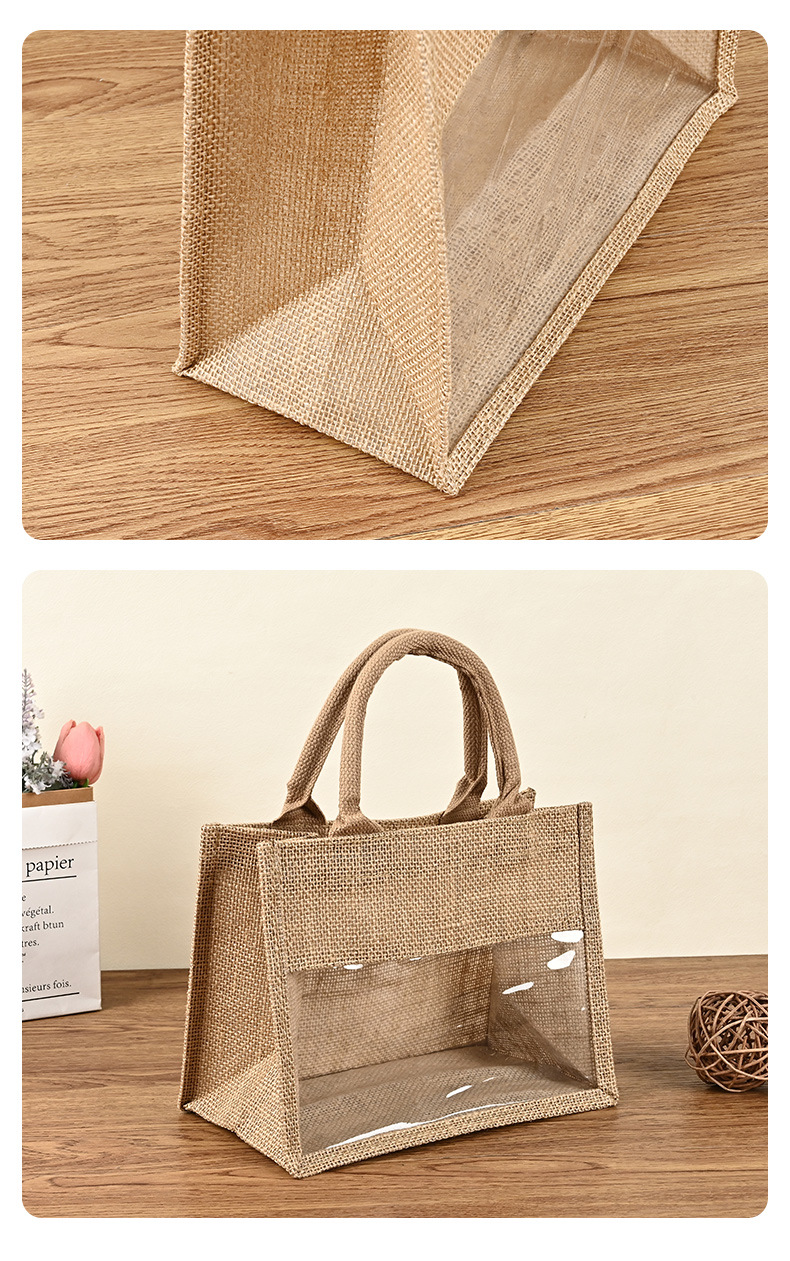 Pvc Window Linen Bag Custom Logo Environmentally Friendly Jute Linen Shopping Transparent Gift Handbag Tote Bag