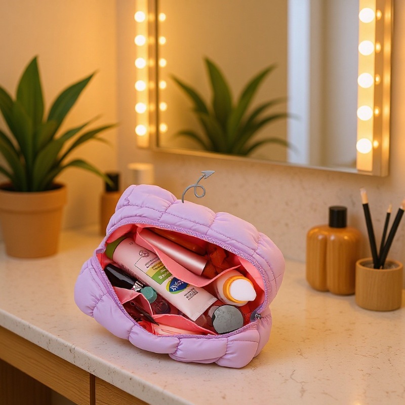 Source Factory Quilted Cosmetic Bag Zipper Opening Soft Skin Care Product Cosmetics Bag Multi-Functional Toiletry Bag