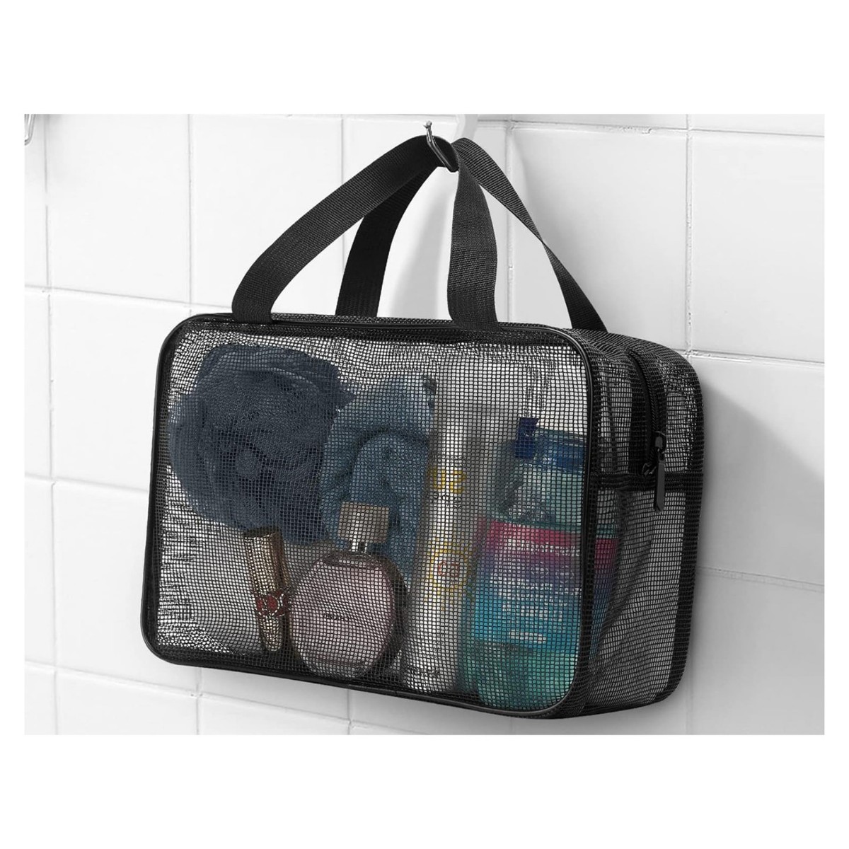 Mesh Shower Storage Basket, Black Bag, Portable Accessory Storage Tote Bag, Waterproof Oxford Cloth