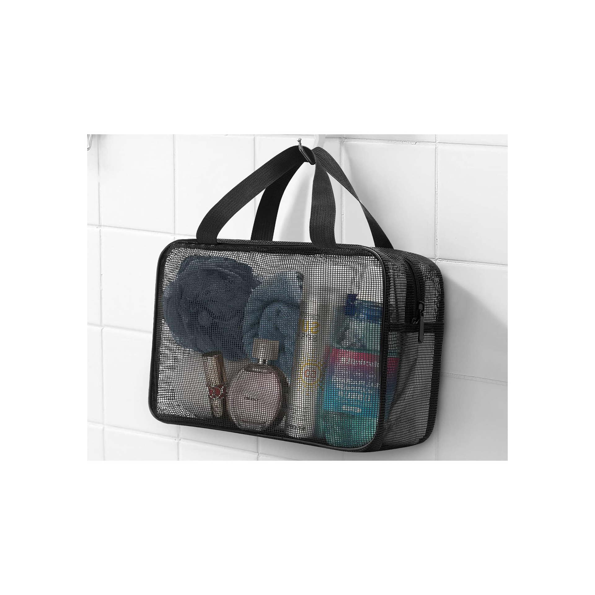 Mesh Shower Storage Basket, Black Bag, Portable Accessory Storage Tote Bag, Waterproof Oxford Cloth