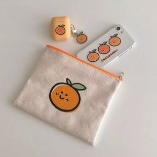 Korean Ins Simple Orange Coin Purse Cute Girly Heart Student Canvas Hand Cosmetic Bag Portable Storage Bag