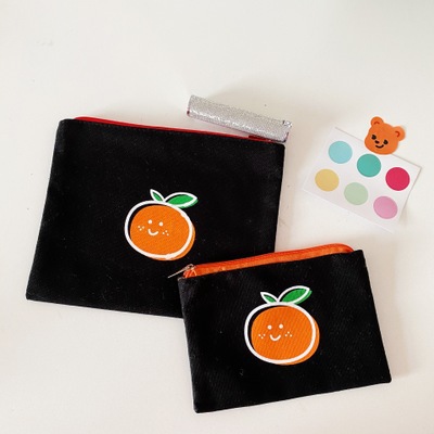 Korean Ins Simple Orange Coin Purse Cute Girly Heart Student Canvas Hand Cosmetic Bag Portable Storage Bag