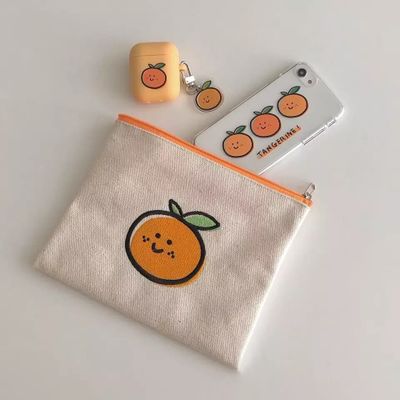 Korean Ins Simple Orange Coin Purse Cute Girly Heart Student Canvas Hand Cosmetic Bag Portable Storage Bag