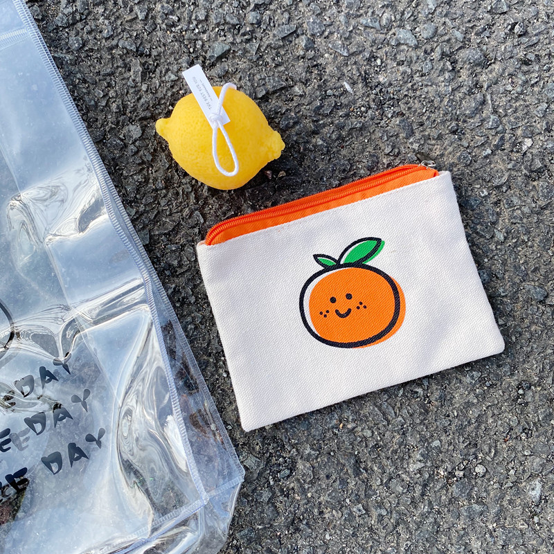 Korean Ins Simple Orange Coin Purse Cute Girly Heart Student Canvas Hand Cosmetic Bag Portable Storage Bag