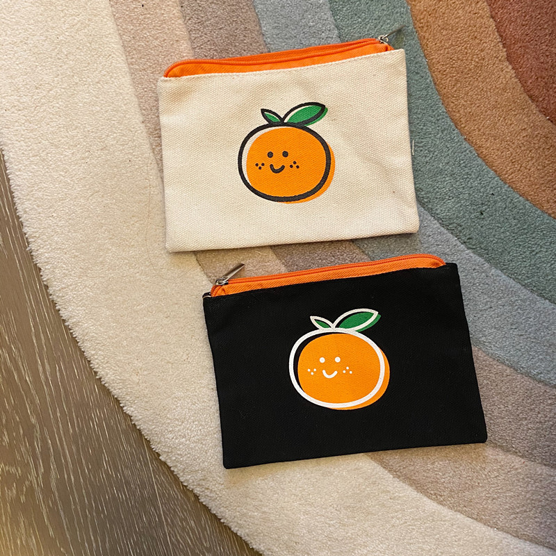 Korean Ins Simple Orange Coin Purse Cute Girly Heart Student Canvas Hand Cosmetic Bag Portable Storage Bag