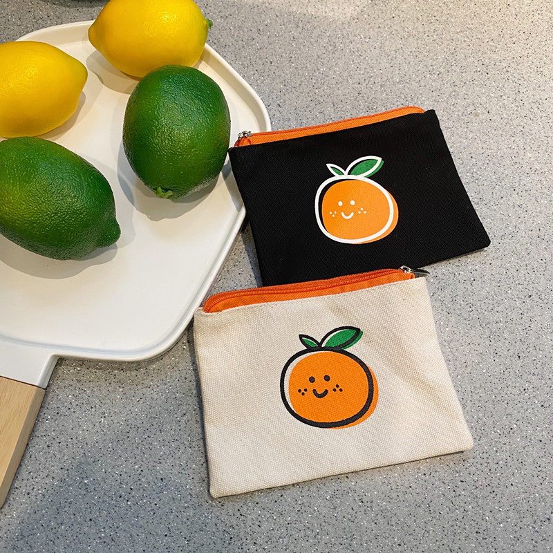 Korean Ins Simple Orange Coin Purse Cute Girly Heart Student Canvas Hand Cosmetic Bag Portable Storage Bag