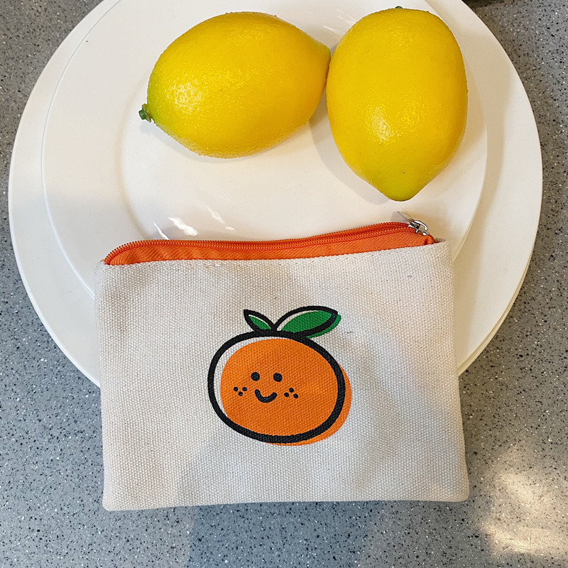 Korean Ins Simple Orange Coin Purse Cute Girly Heart Student Canvas Hand Cosmetic Bag Portable Storage Bag