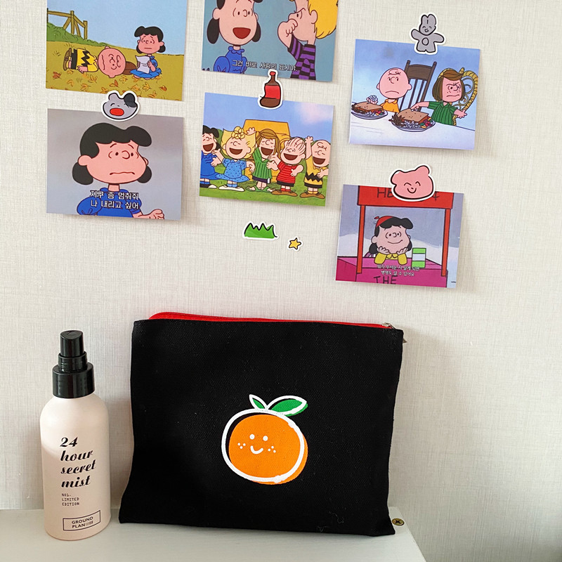 Korean Ins Simple Orange Coin Purse Cute Girly Heart Student Canvas Hand Cosmetic Bag Portable Storage Bag