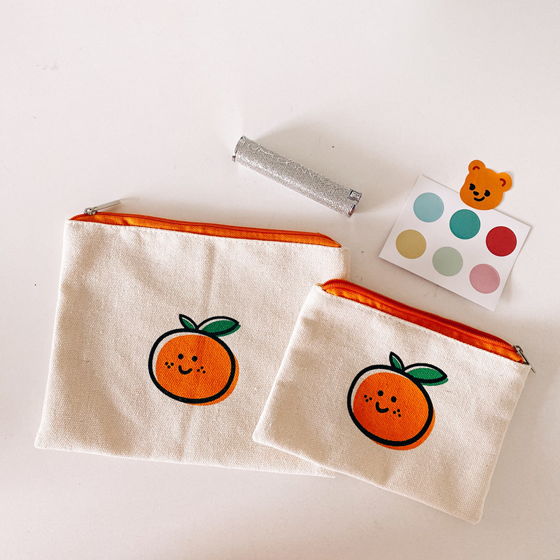 Korean Ins Simple Orange Coin Purse Cute Girly Heart Student Canvas Hand Cosmetic Bag Portable Storage Bag