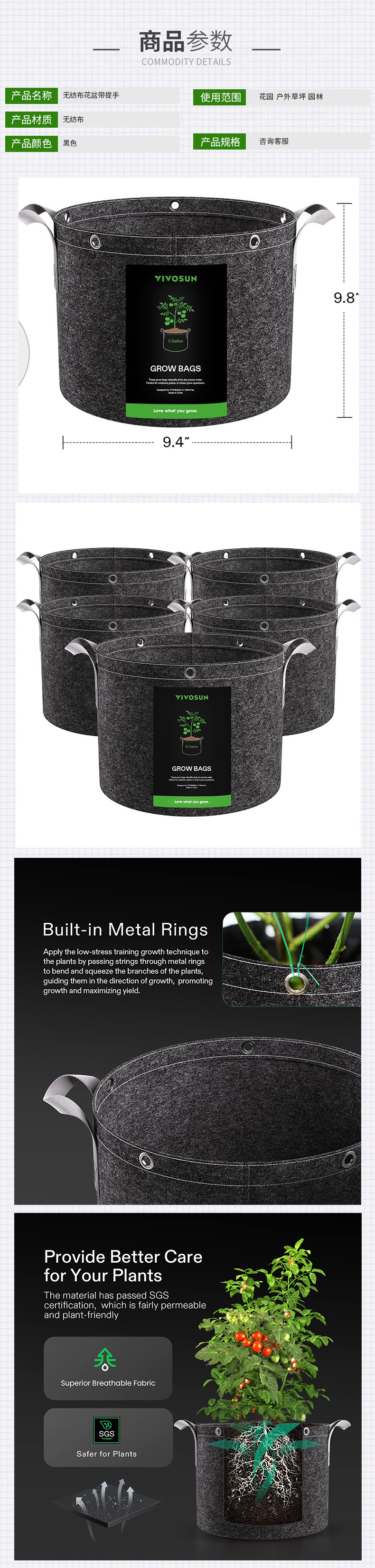 Cross-Border New Gray Planting Bag Non-Woven Flower Pot with Handle Garden Balcony Potato Tomato Vegetable Planting Bag