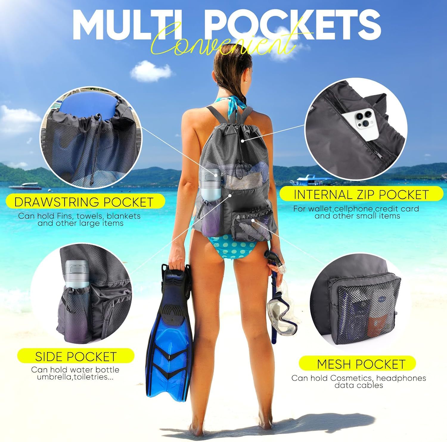 Cross-Border Car Waterproof Mesh Drawstring Bag Waterproof Shoulder Beach Bag Large Capacity Toy Mesh Swimming Bag