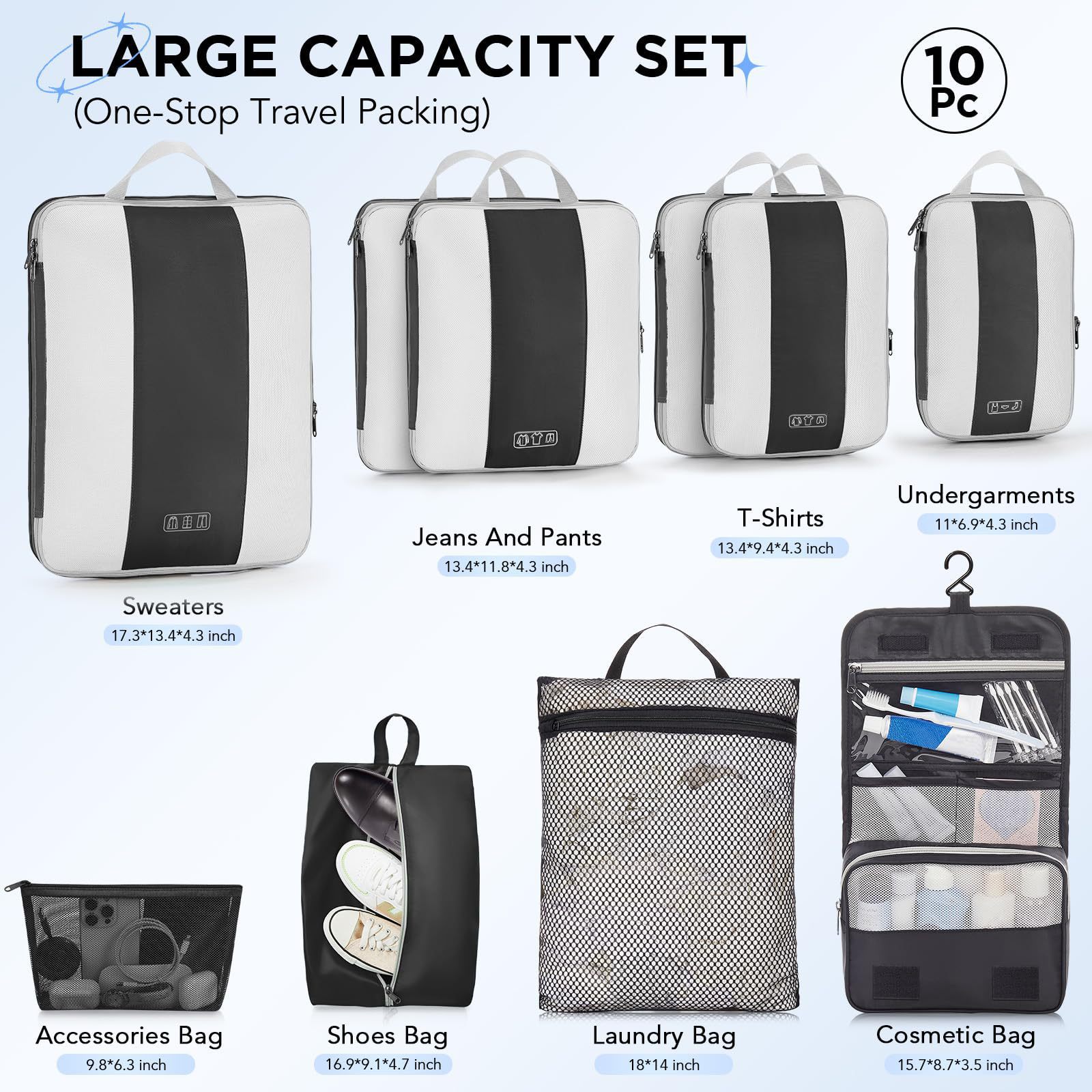 Storage Bag Set of Ten Pieces, Suitcase Organizer Set, Travel Clothes, Shoes, Underwear, Toiletries, Mesh Bags