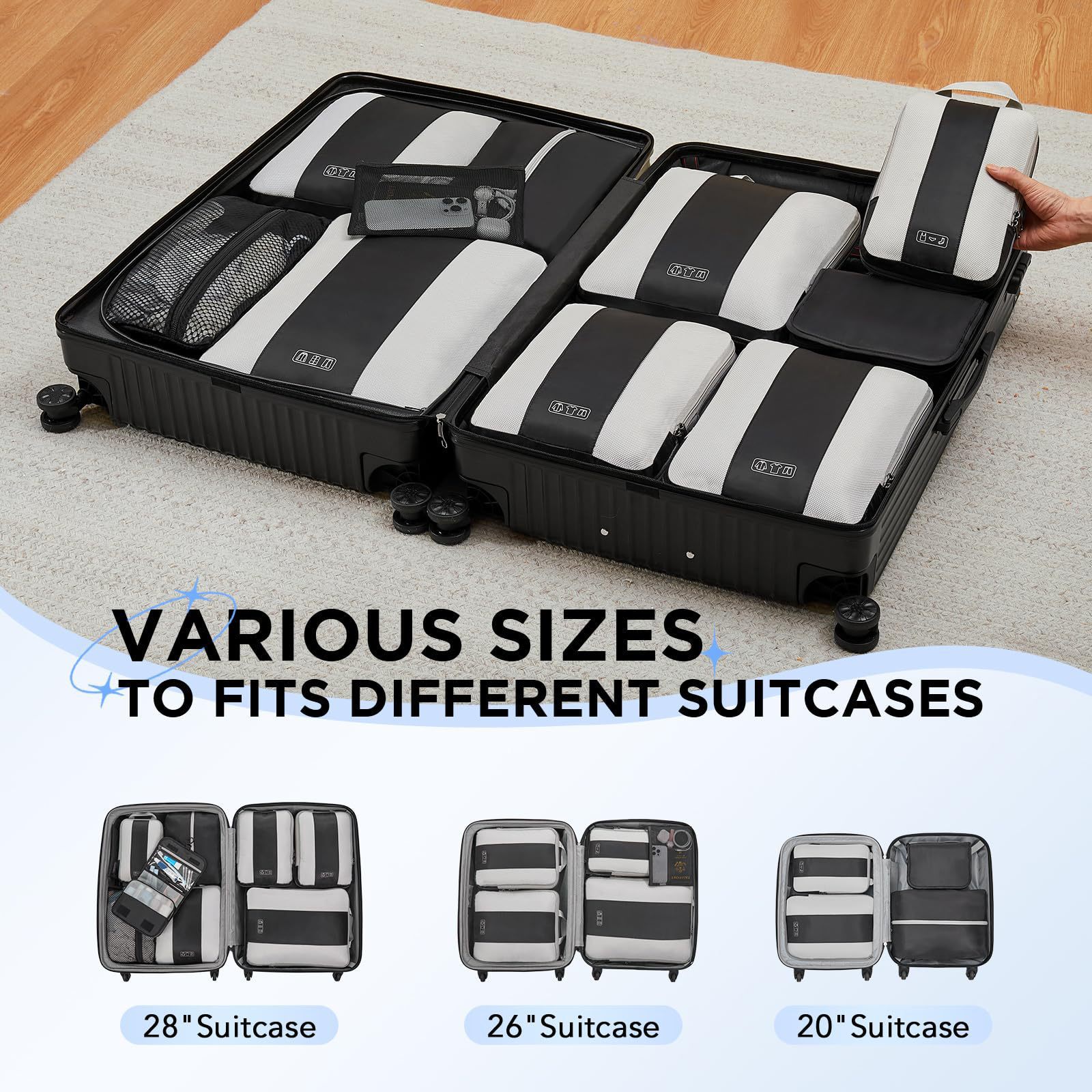 Storage Bag Set of Ten Pieces, Suitcase Organizer Set, Travel Clothes, Shoes, Underwear, Toiletries, Mesh Bags
