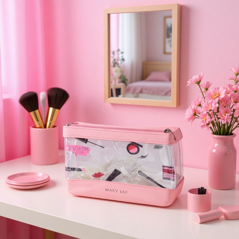 Korean Pvc Cosmetics Cosmetics Bag Women's Pu Straw Mat Pattern Large Capacity Transparent Waterproof Cosmetic Toiletry Bag Factory Wholesale