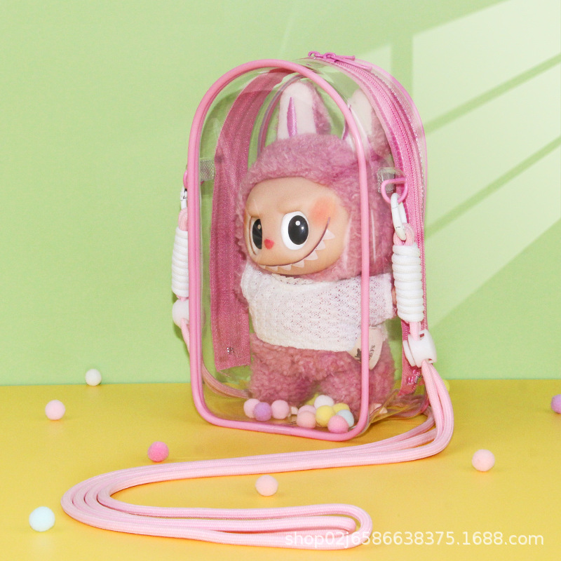 Labubu Crossbody Baby Carrier Bag with D-Ring, Can Be Hung, Transparent Pvc Dustproof Bag, Compatible with First and Third Generation 18.5cm Labubu Doll Bag