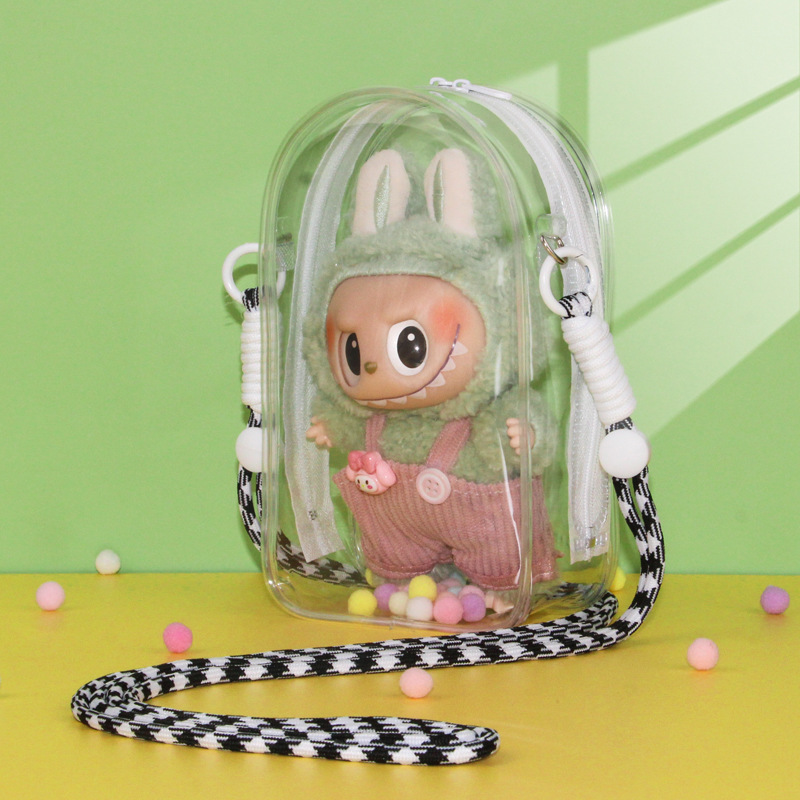 Labubu Crossbody Baby Carrier Bag with D-Ring, Can Be Hung, Transparent Pvc Dustproof Bag, Compatible with First and Third Generation 18.5cm Labubu Doll Bag