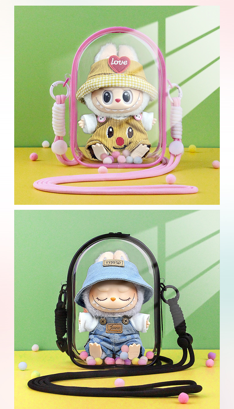 Labubu Crossbody Baby Carrier Bag with D-Ring, Can Be Hung, Transparent Pvc Dustproof Bag, Compatible with First and Third Generation 18.5cm Labubu Doll Bag